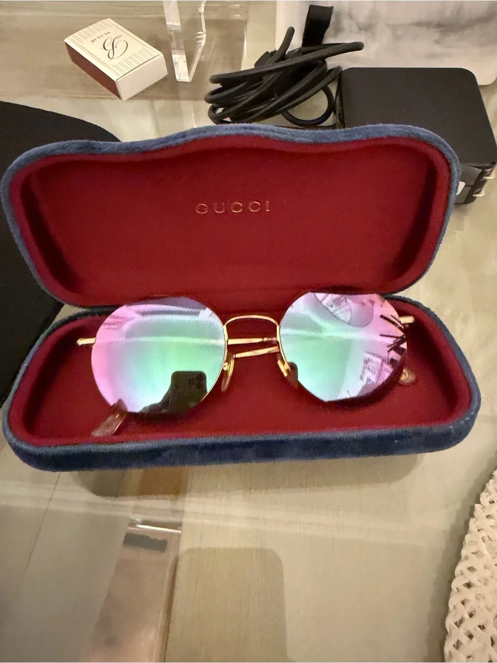 Gucci GG4272/S Round Gold Mirrored Sunglasses Pink Blue Flash Lens w/ Case